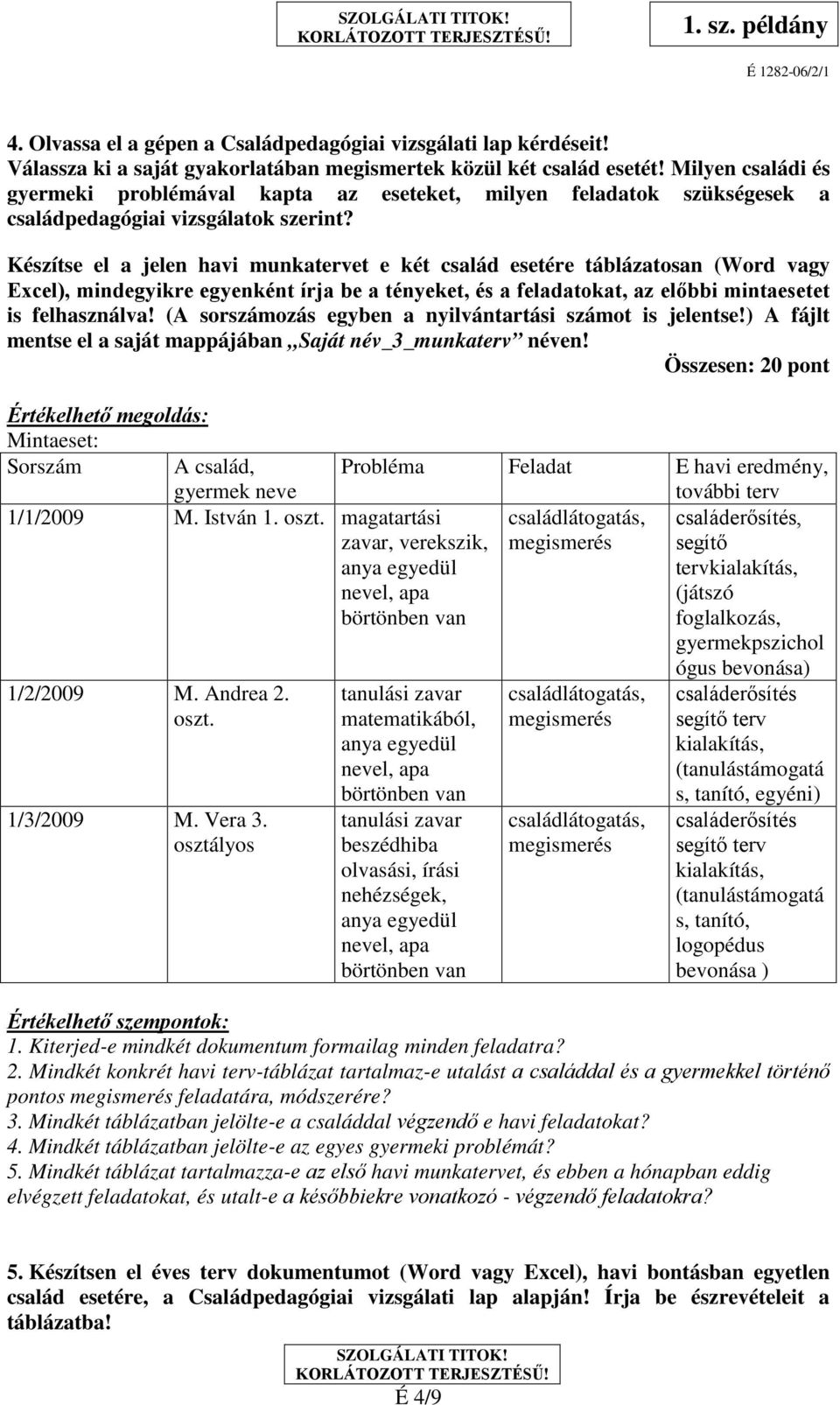 Készítse el a jelen havi munkatervet e két család esetére táblázatosan (Word vagy Excel), mindegyikre egyenként írja be a tényeket, és a feladatokat, az előbbi mintaesetet is felhasználva!