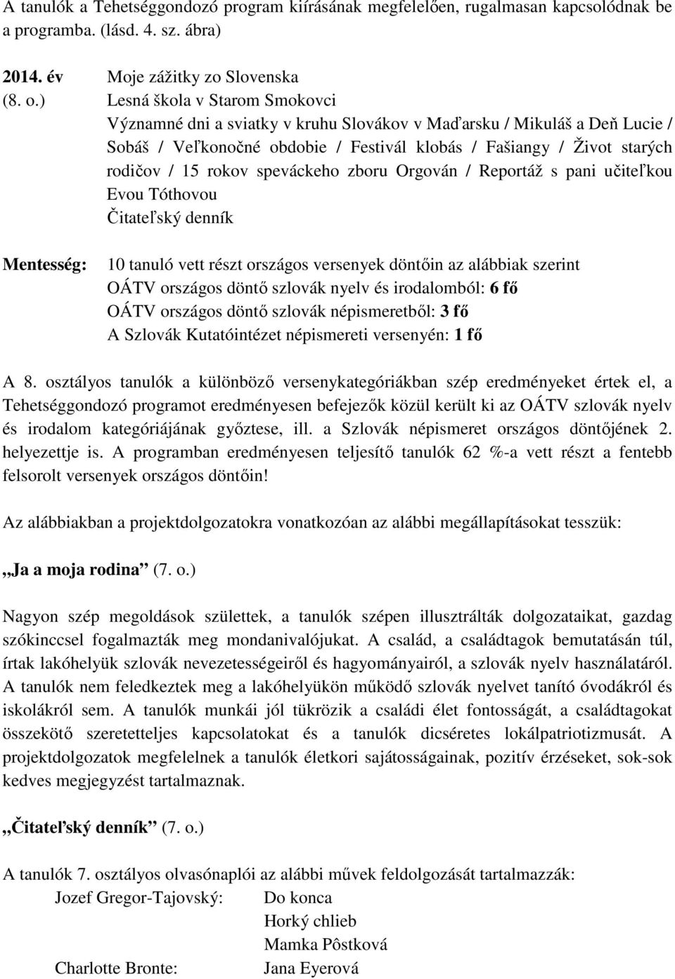 speváckeho zboru Orgován / Reportáž s pani učiteľkou Evou Tóthovou Čitateľský denník Mentesség: 10 tanuló vett részt országos versenyek döntőin az alábbiak szerint OÁTV országos döntő szlovák nyelv