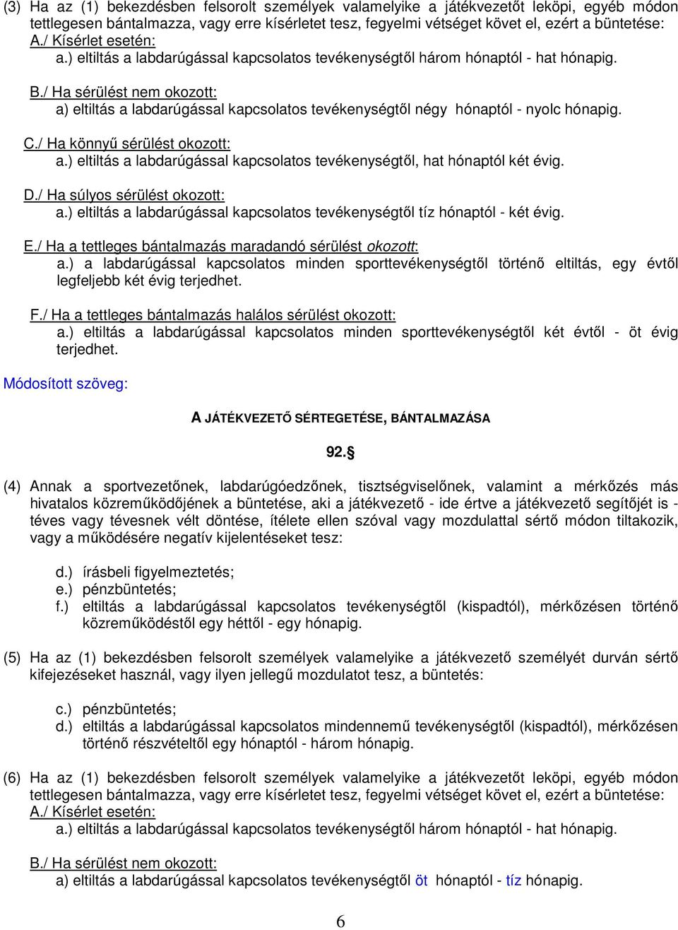 / Ha sérülést nem okozott: a) eltiltás a labdarúgással kapcsolatos tevékenységtől négy hónaptól - nyolc hónapig. C./ Ha könnyű sérülést okozott: a.