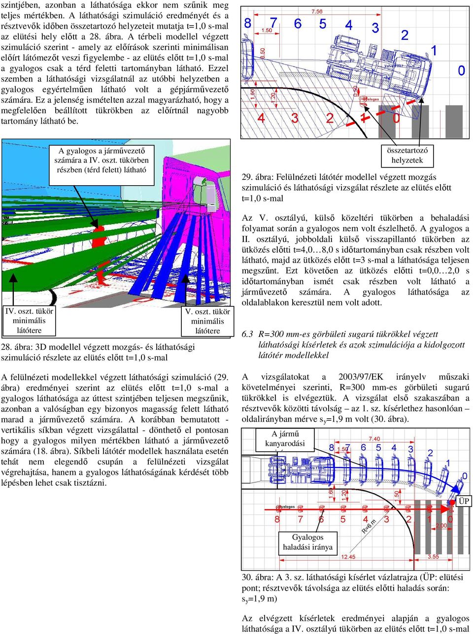 A térbeli modellel végzett szimuláció szerint - amely az elıírások szerinti an elıírt látómezıt veszi figyelembe - az elütés elıtt t=1,0 s-mal a gyalogos csak a térd feletti tartományban látható.