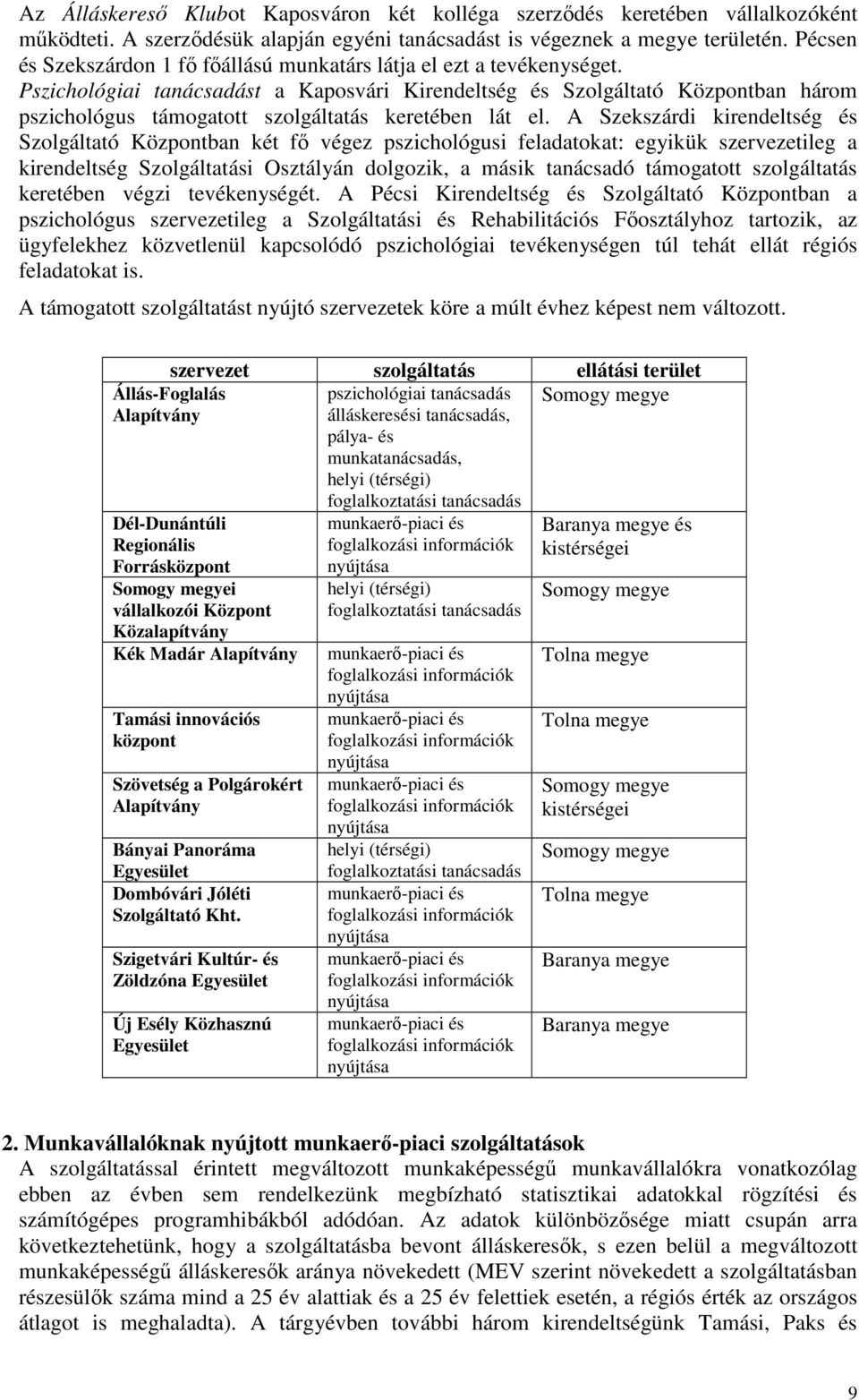 Pszichológiai tanácsadást a Kaposvári Kirendeltség és Szolgáltató Központban három pszichológus támogatott szolgáltatás keretében lát el.