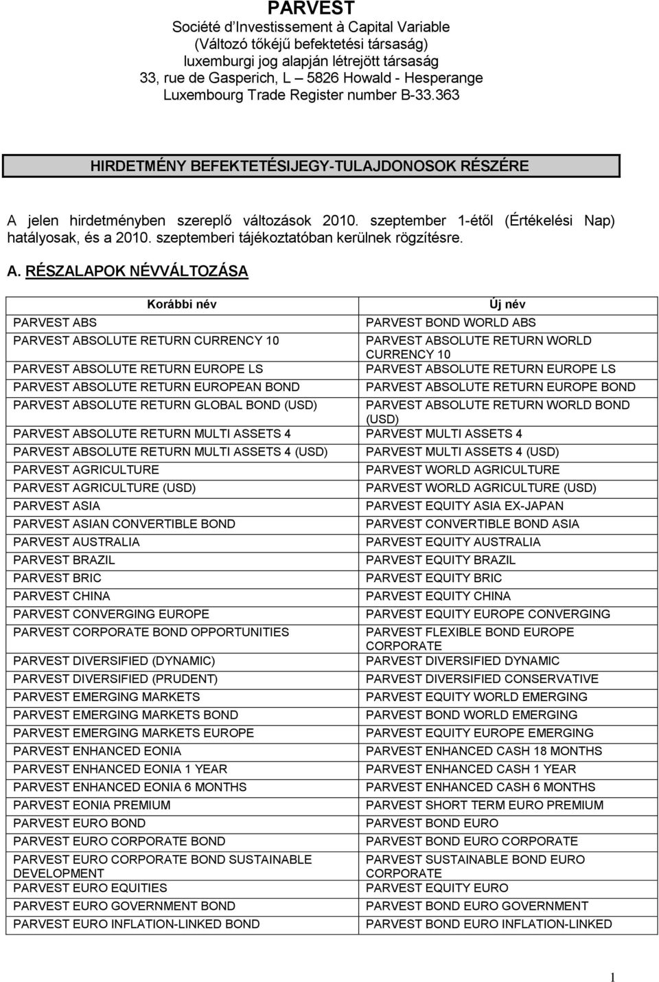 szeptemberi tájékoztatóban kerülnek rögzítésre. A.