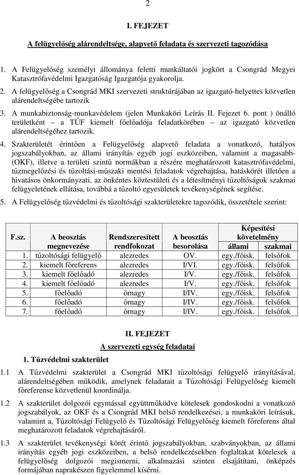 A felügyelőség a Csongrád MKI szervezeti struktúrájában az igazgató-helyettes közvetlen alárendeltségébe tartozik 3. A munkabiztonság-munkavédelem (jelen Munkaköri Leírás II. Fejezet 6.