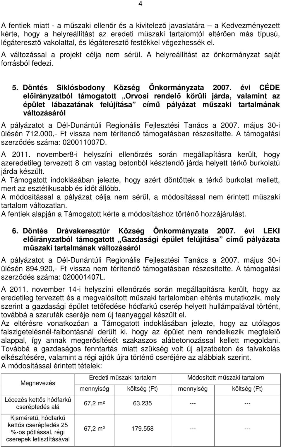 évi CÉDE előirányzatból támogatott Orvosi rendelő körüli járda, valamint az épület lábazatának felújítása című pályázat műszaki tartalmának változásáról ülésén 712.