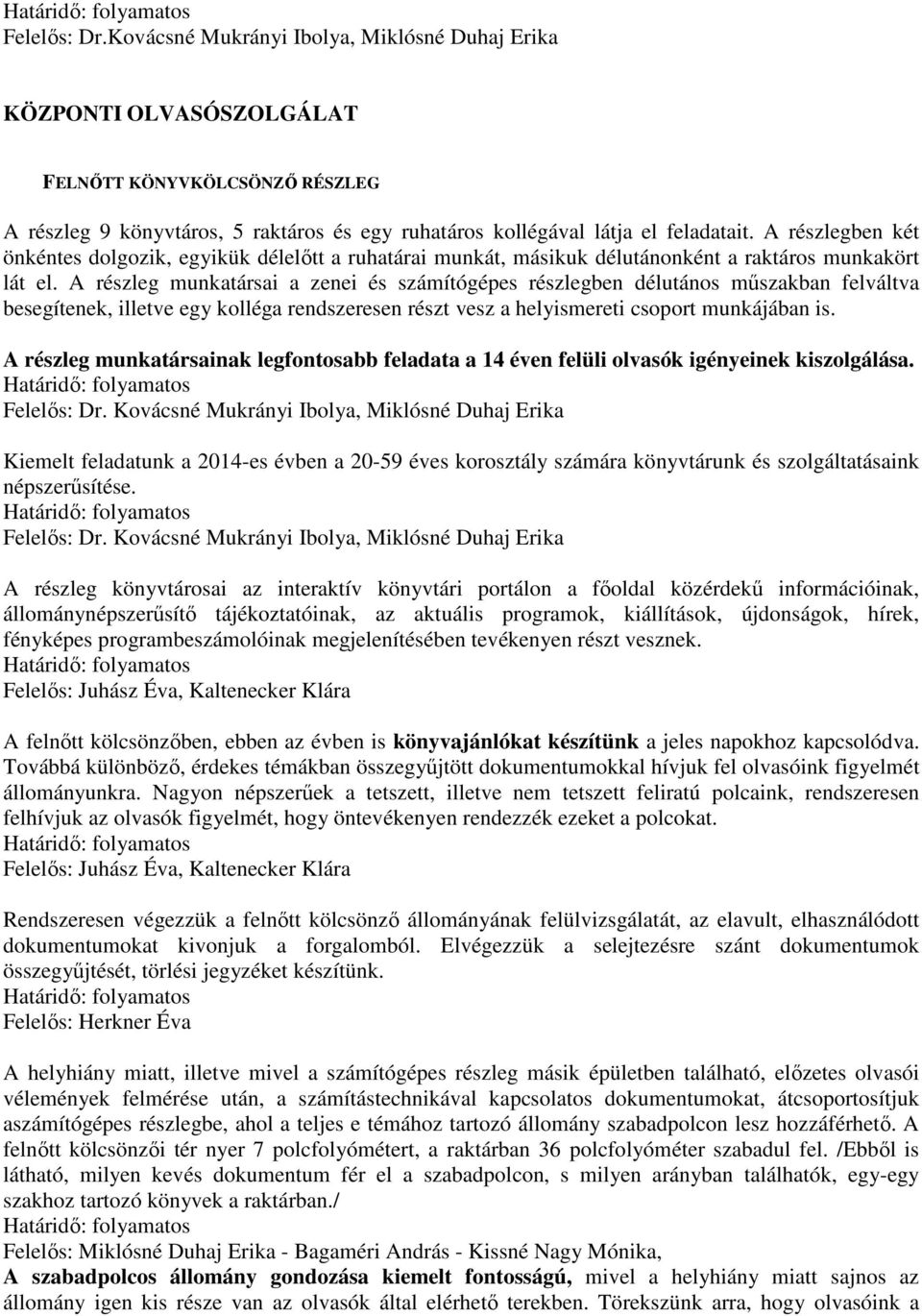 A részleg munkatársai a zenei és számítógépes részlegben délutános műszakban felváltva besegítenek, illetve egy kolléga rendszeresen részt vesz a helyismereti csoport munkájában is.