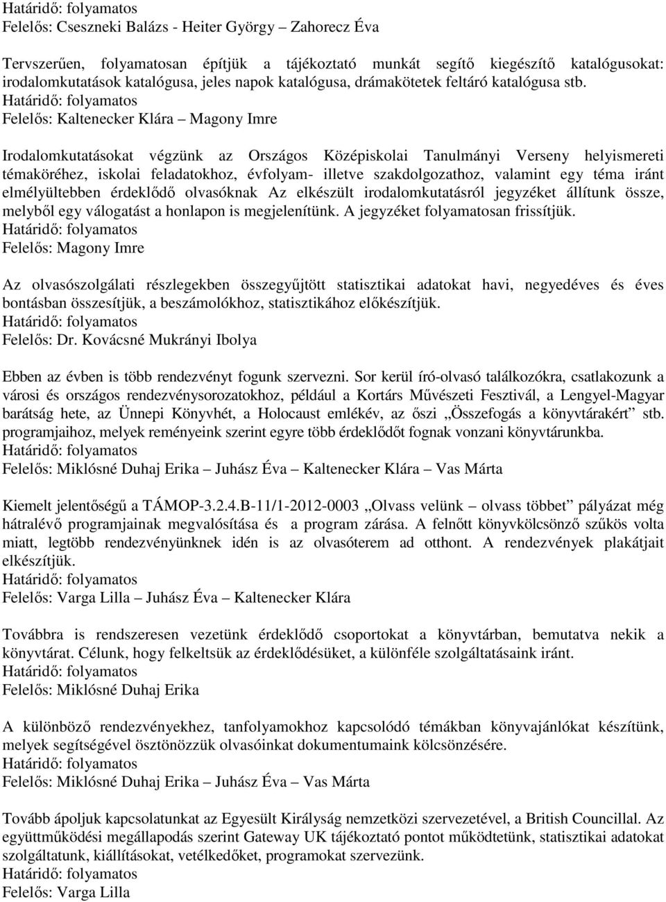 Felelős: Kaltenecker Klára Magony Imre Irodalomkutatásokat végzünk az Országos Középiskolai Tanulmányi Verseny helyismereti témaköréhez, iskolai feladatokhoz, évfolyam- illetve szakdolgozathoz,