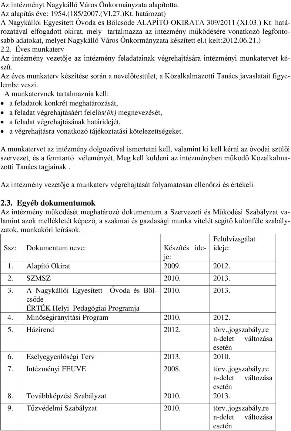 12.06.21.) 2.2. Éves munkaterv Az intézmény vezetője az intézmény feladatainak végrehajtására intézményi munkatervet készít.