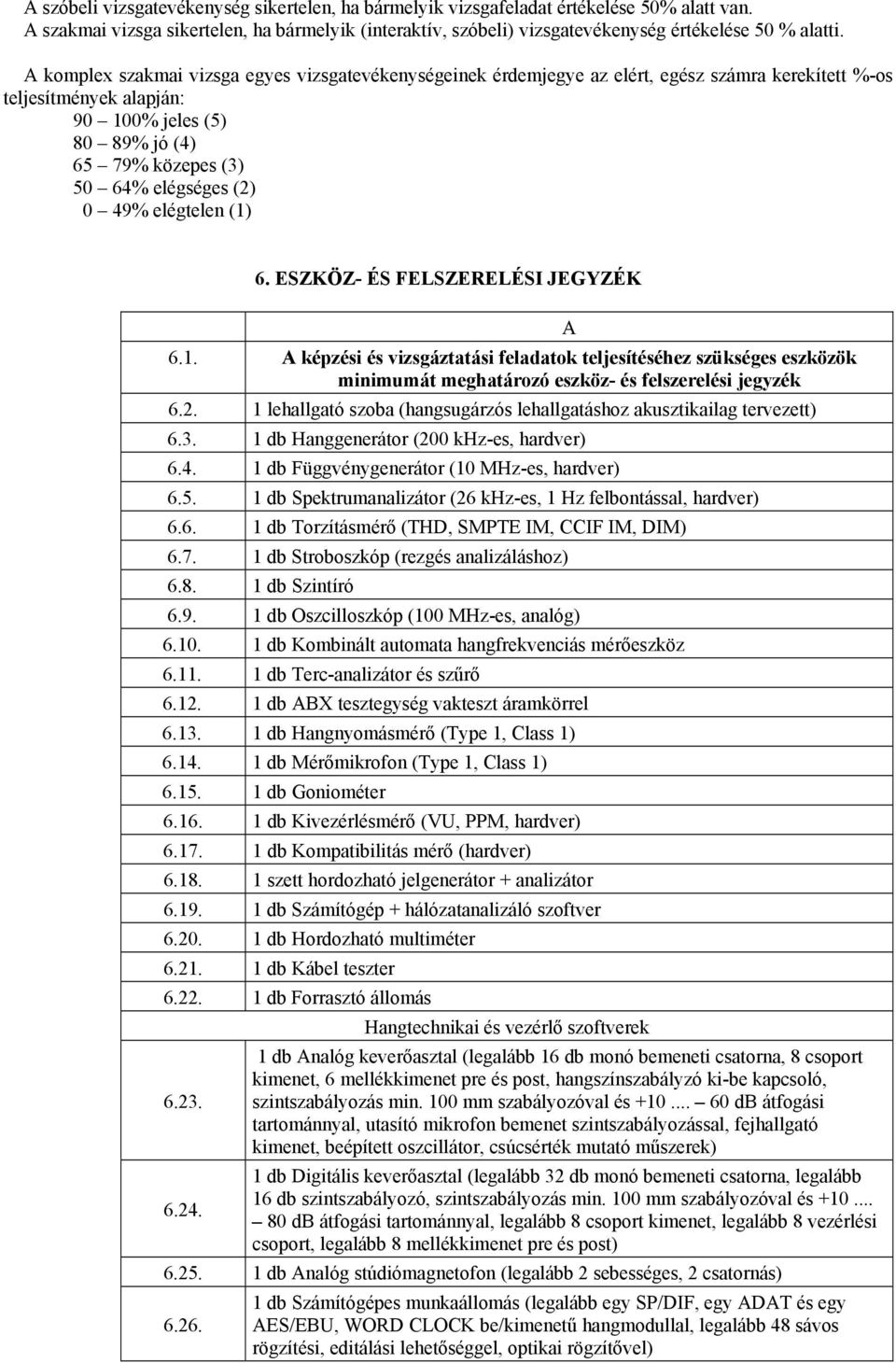 0 49% elégtelen (1) 6. ESZKÖZ- ÉS FELSZERELÉSI JEGYZÉK 6.1. A képzési és vizsgáztatási feladatok teljesítéséhez szükséges eszközök minimumát meghatározó eszköz- és felszerelési jegyzék 6.2.