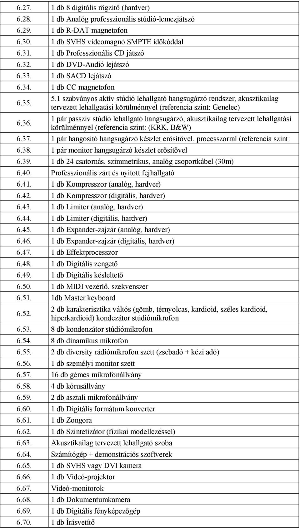 1 szabványos aktív stúdió lehallgató hangsugárzó rendszer, akusztikailag tervezett lehallgatási körülménnyel (referencia szint: Genelec) 6.36.