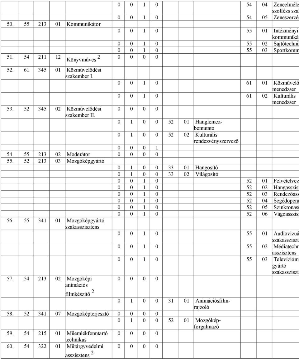 0 0 1 0 61 02 Kulturális menedzser 0 1 0 0 52 01 Hanglemezbemutató 0 1 0 0 52 02 Kulturális rendezvényszervezı 54. 55 213 02 Moderátor 55.