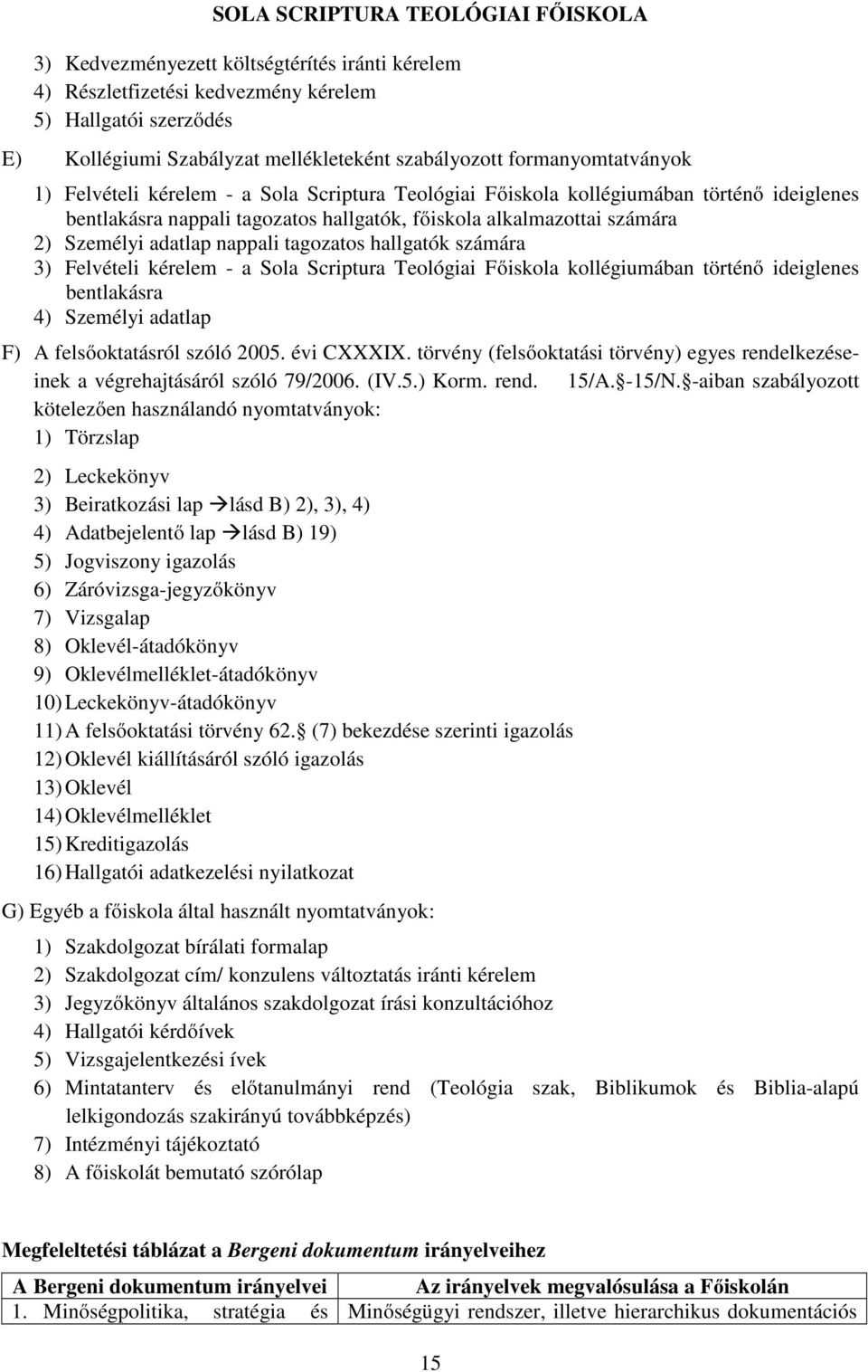 számára 3) Felvételi kérelem - a Sola Scriptura Teológiai Főiskola kollégiumában történő ideiglenes bentlakásra 4) Személyi adatlap F) A felsőoktatásról szóló 2005. évi CXXXIX.
