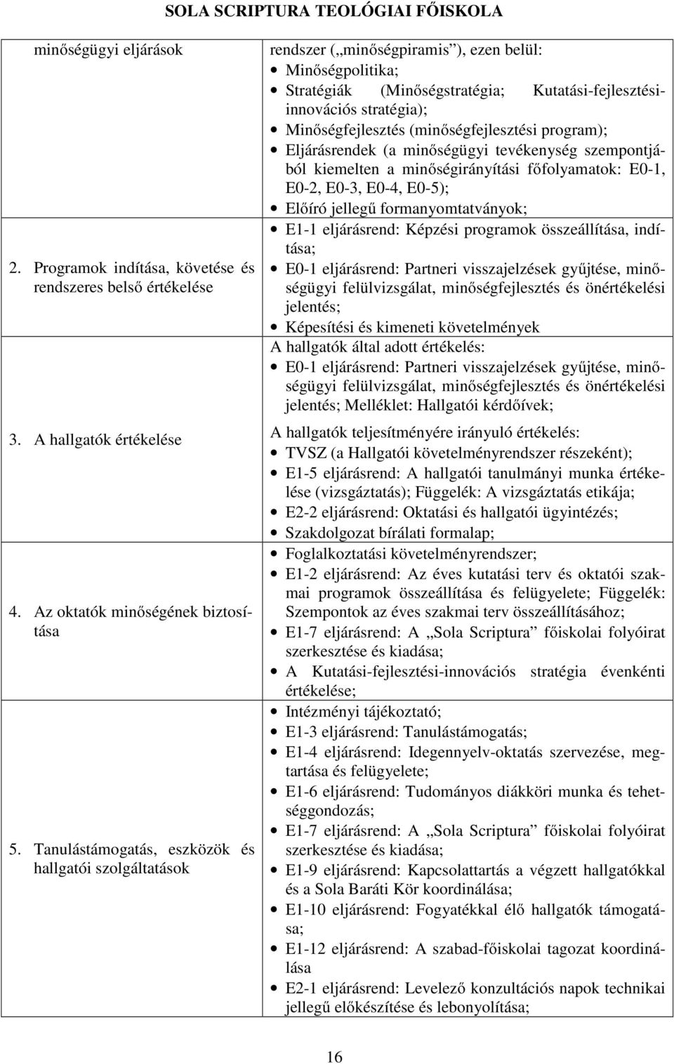 Minőségfejlesztés (minőségfejlesztési program); Eljárásrendek (a minőségügyi tevékenység szempontjából kiemelten a minőségirányítási főfolyamatok: E0-1, E0-2, E0-3, E0-4, E0-5); Előíró jellegű