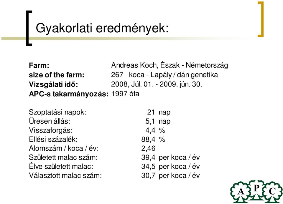 APC-s takarmányozás: 1997 óta Szoptatási napok: 21 nap Üresen állás: 5,1 nap Visszaforgás: 4,4 % Ellési