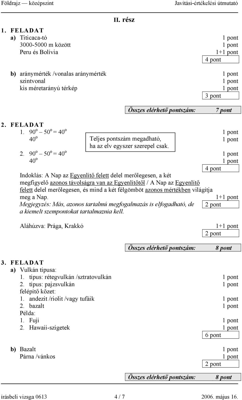 90 o 50 o = 40 o 40 o 4 pont Indoklás: A Nap az Egyenlítő felett delel merőlegesen, a két megfigyelő azonos távolságra van az Egyenlítőtől / A Nap az Egyenlítő felett delel merőlegesen, és mind a két