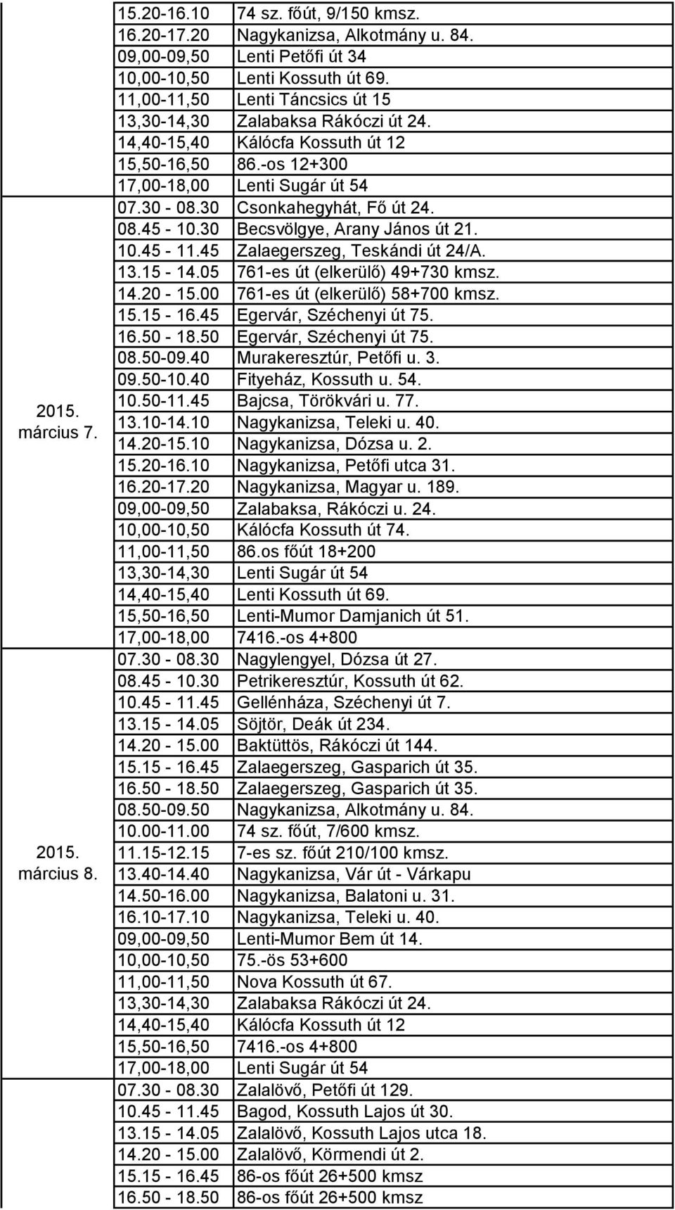 05 761-es út (elkerülő) 49+730 kmsz. 14.20-15.00 761-es út (elkerülő) 58+700 kmsz. 15.15-16.45 Egervár, Széchenyi út 75. 16.50-18.50 Egervár, Széchenyi út 75. 08.50-09.40 Murakeresztúr, Petőfi u. 3.