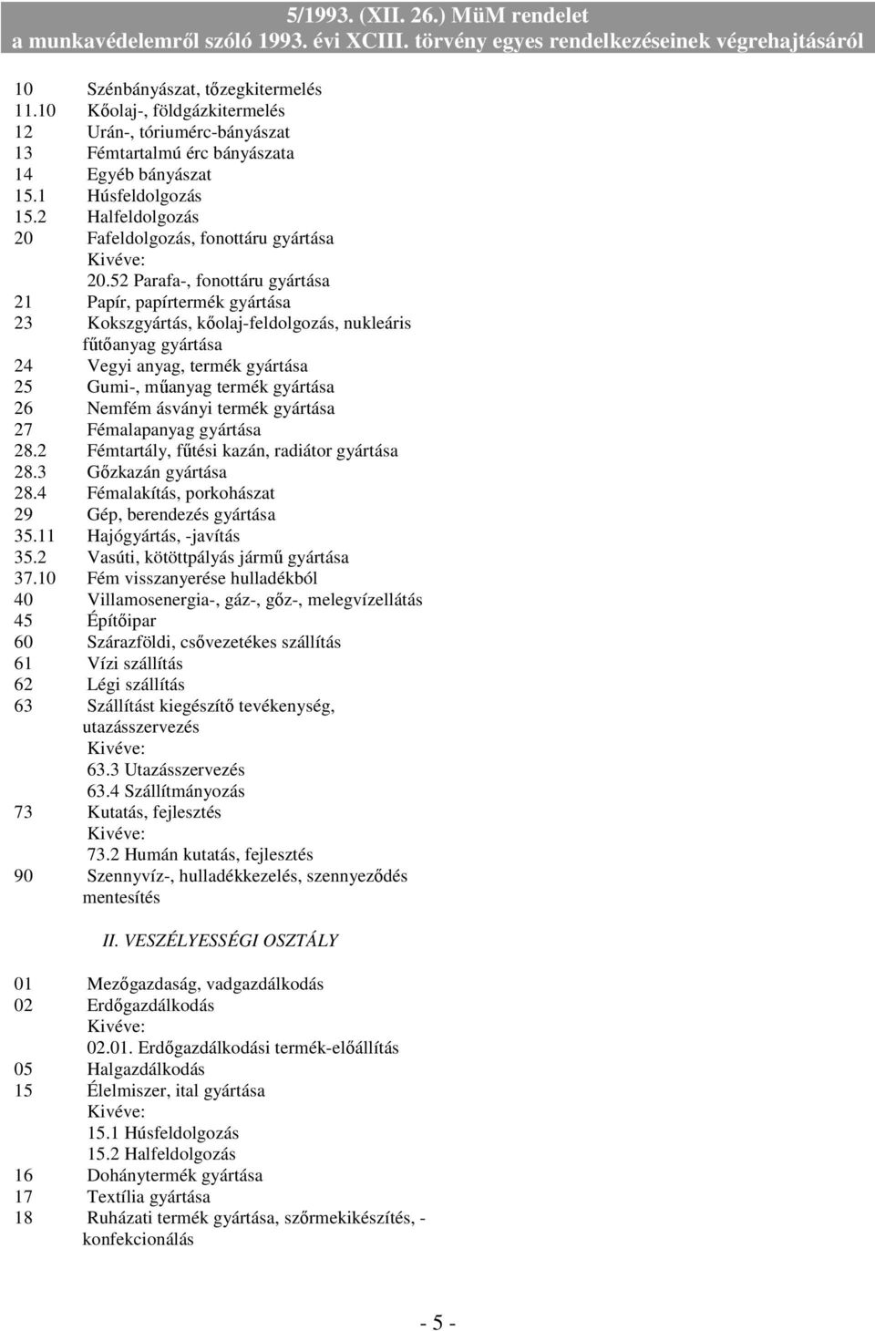 52 Parafa-, fonottáru gyártása 21 Papír, papírtermék gyártása 23 Kokszgyártás, kıolaj-feldolgozás, nukleáris főtıanyag gyártása 24 Vegyi anyag, termék gyártása 25 Gumi-, mőanyag termék gyártása 26