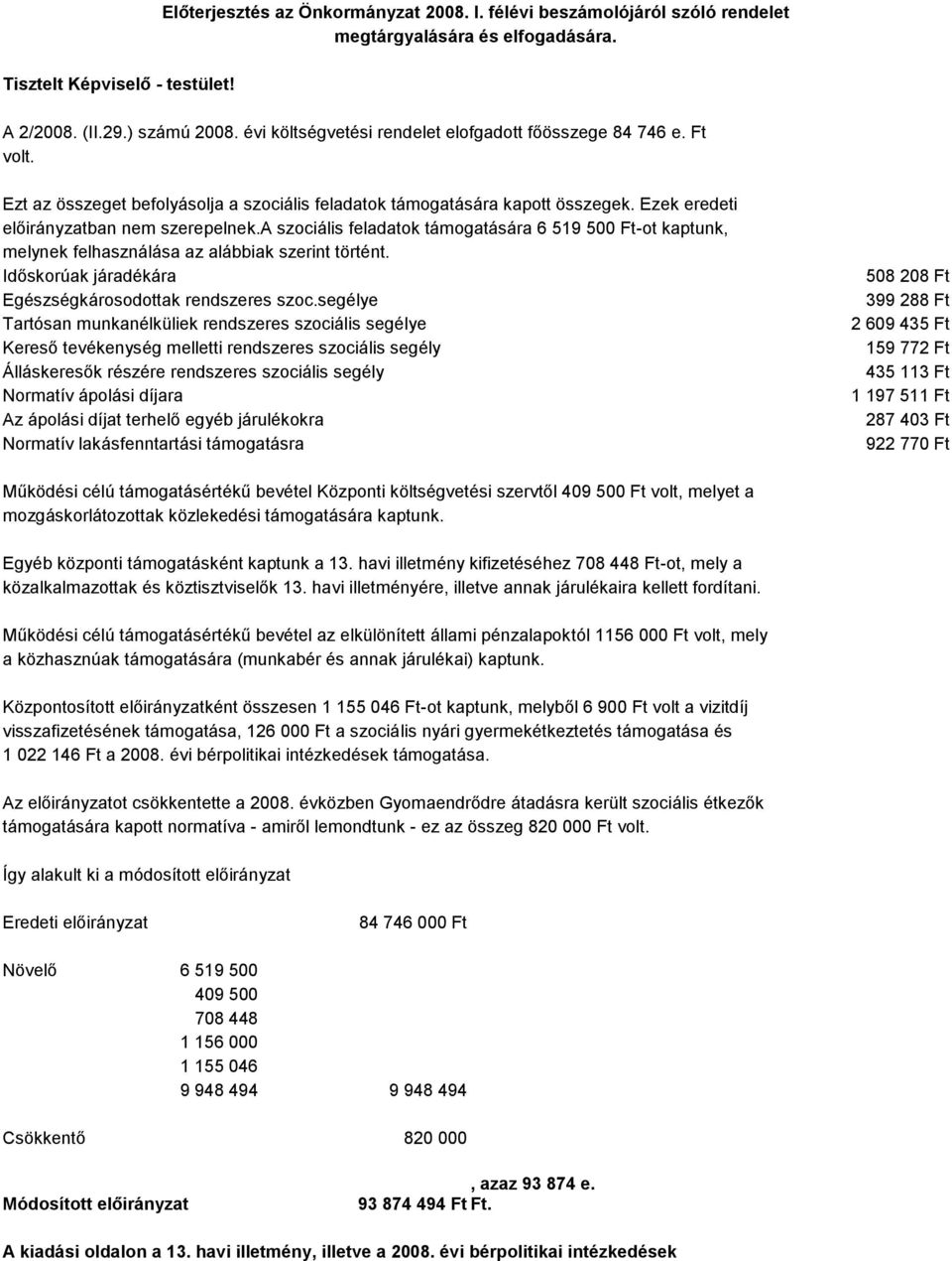 a szociális feladatok támogatására 6 519 500 Ft-ot kaptunk, melynek felhasználása az alábbiak szerint történt. Időskorúak járadékára Egészségkárosodottak rendszeres szoc.