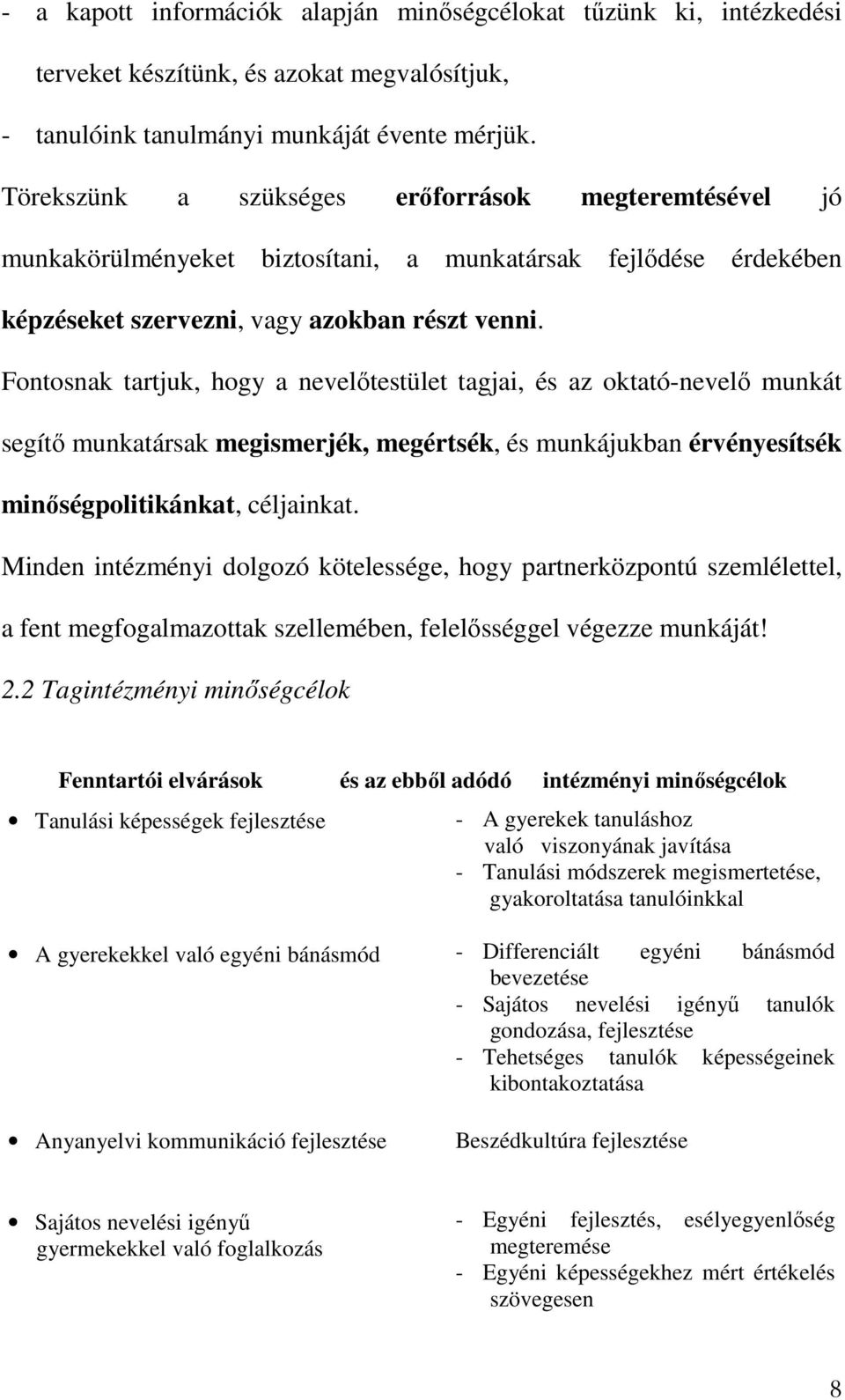 Fontosnak tartjuk, hogy a nevelőtestület tagjai, és az oktató-nevelő munkát segítő munkatársak megismerjék, megértsék, és munkájukban érvényesítsék minőségpolitikánkat, céljainkat.