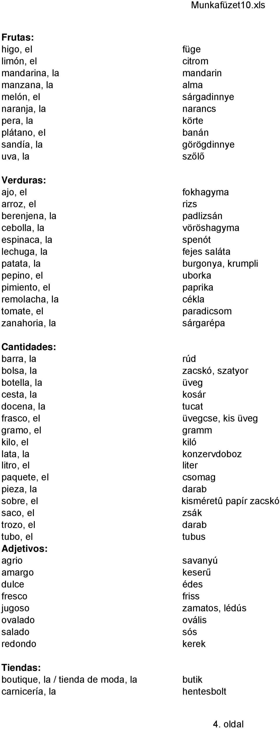 saláta burgonya, krumpli uborka paprika cékla paradicsom sárgarépa Cantidades: barra, la rúd bolsa, la zacskó, szatyor botella, la üveg cesta, la kosár docena, la tucat frasco, el üvegcse, kis üveg