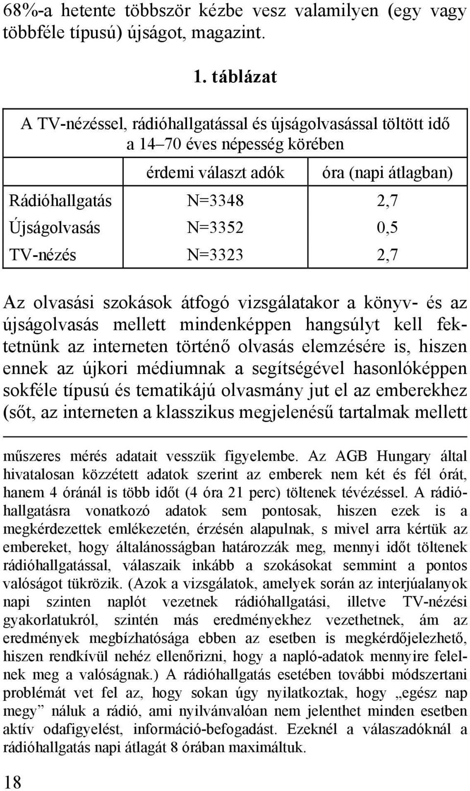 TV-nézés N=3323 2,7 Az olvasási szokások átfogó vizsgálatakor a könyv- és az újságolvasás mellett mindenképpen hangsúlyt kell fektetnünk az interneten történő olvasás elemzésére is, hiszen ennek az