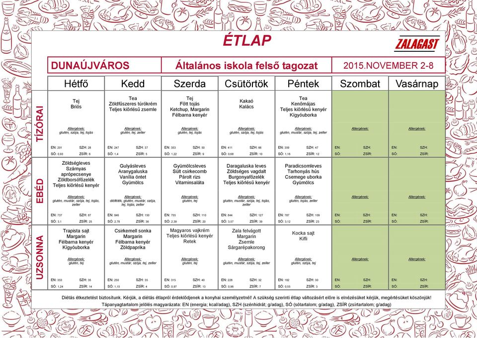 leves Sült csirkecomb Vitaminsaláta Daragaluska leves Zöldséges vagdalt Burgonyafőzelék leves Tarhonyás hús Csemege uborka diófélék,, mustár, szója, tej, tojás,, tojás, 737 87 846 150 755 110 844 127