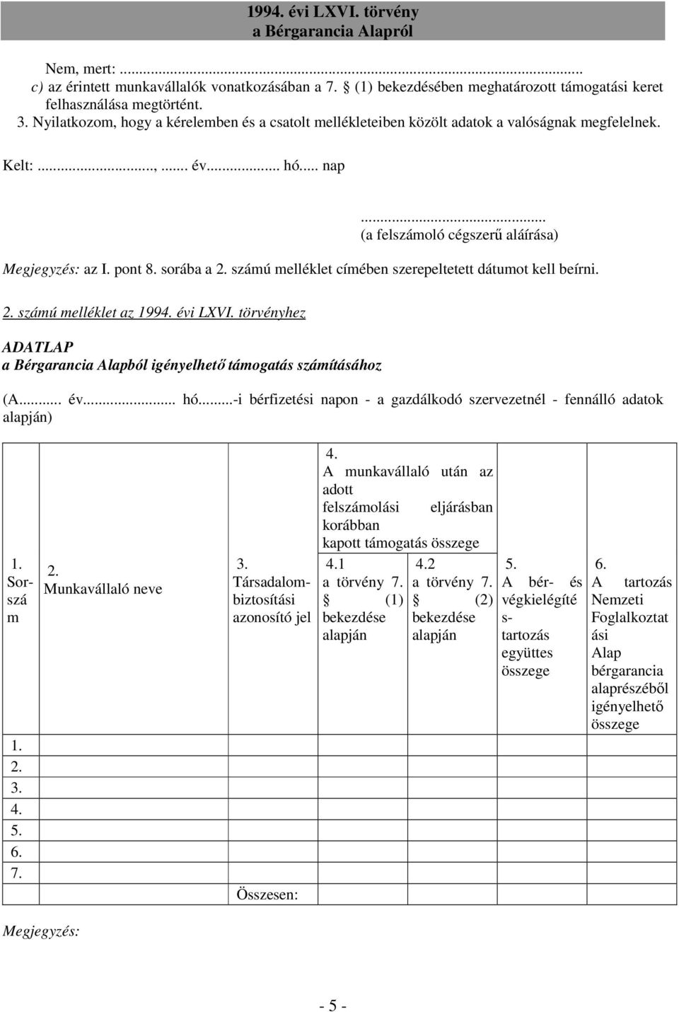 sorába a 2. számú melléklet címében szerepeltetett dátumot kell beírni. 2. számú melléklet az 1994. évi LXVI. törvényhez ADATLAP a Bérgarancia Alapból igényelhetı támogatás számításához (A... év... hó.