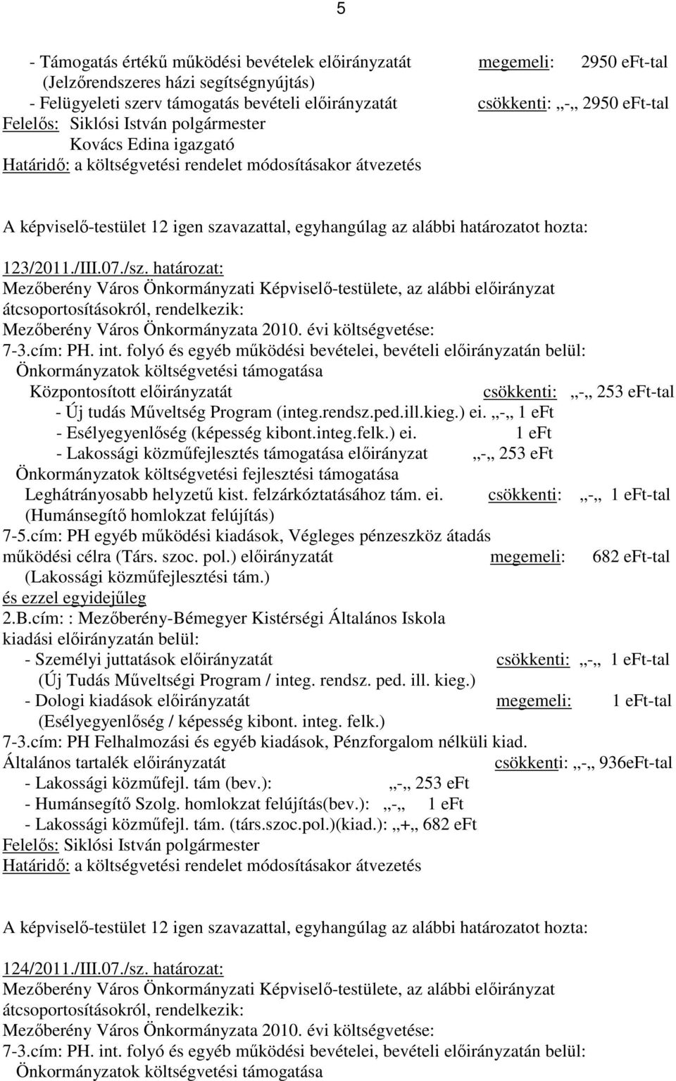 folyó és egyéb mőködési bevételei, bevételi elıirányzatán belül: Önkormányzatok költségvetési támogatása Központosított elıirányzatát csökkenti: - 253 eft-tal - Új tudás Mőveltség Program (integ.