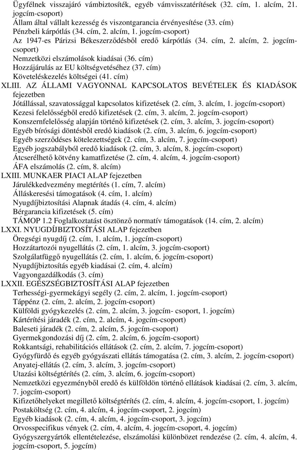 cím) Hozzájárulás az EU költségvetéséhez (37. cím) Követeléskezelés költségei (41. cím) XLIII.