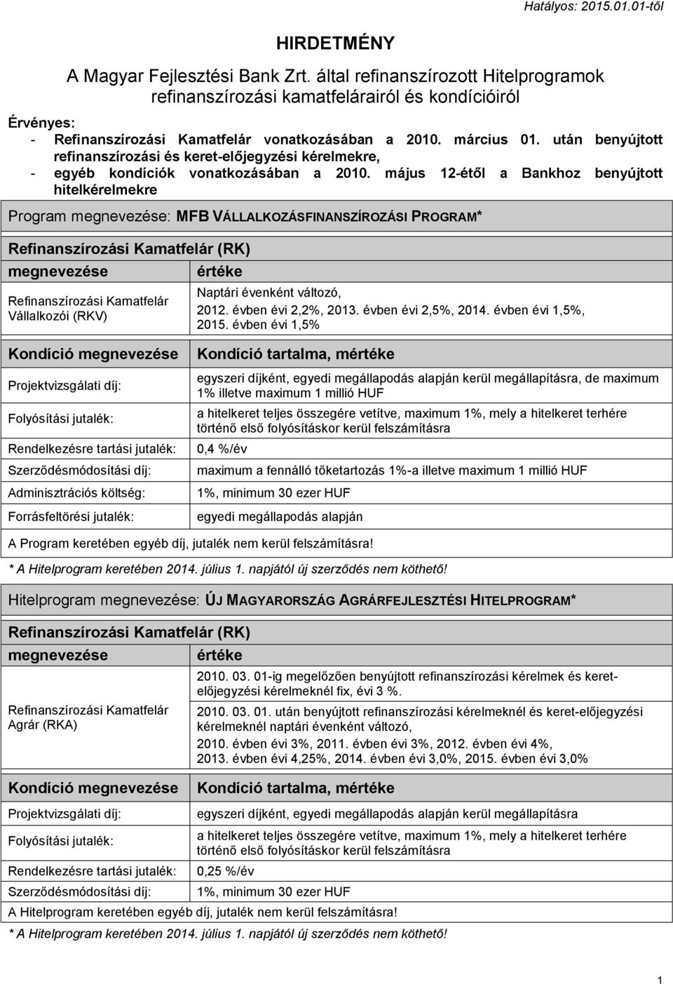 után benyújtott refinanszírozási és keret-előjegyzési kérelmekre, - egyéb kondíciók vonatkozásában a 2010.