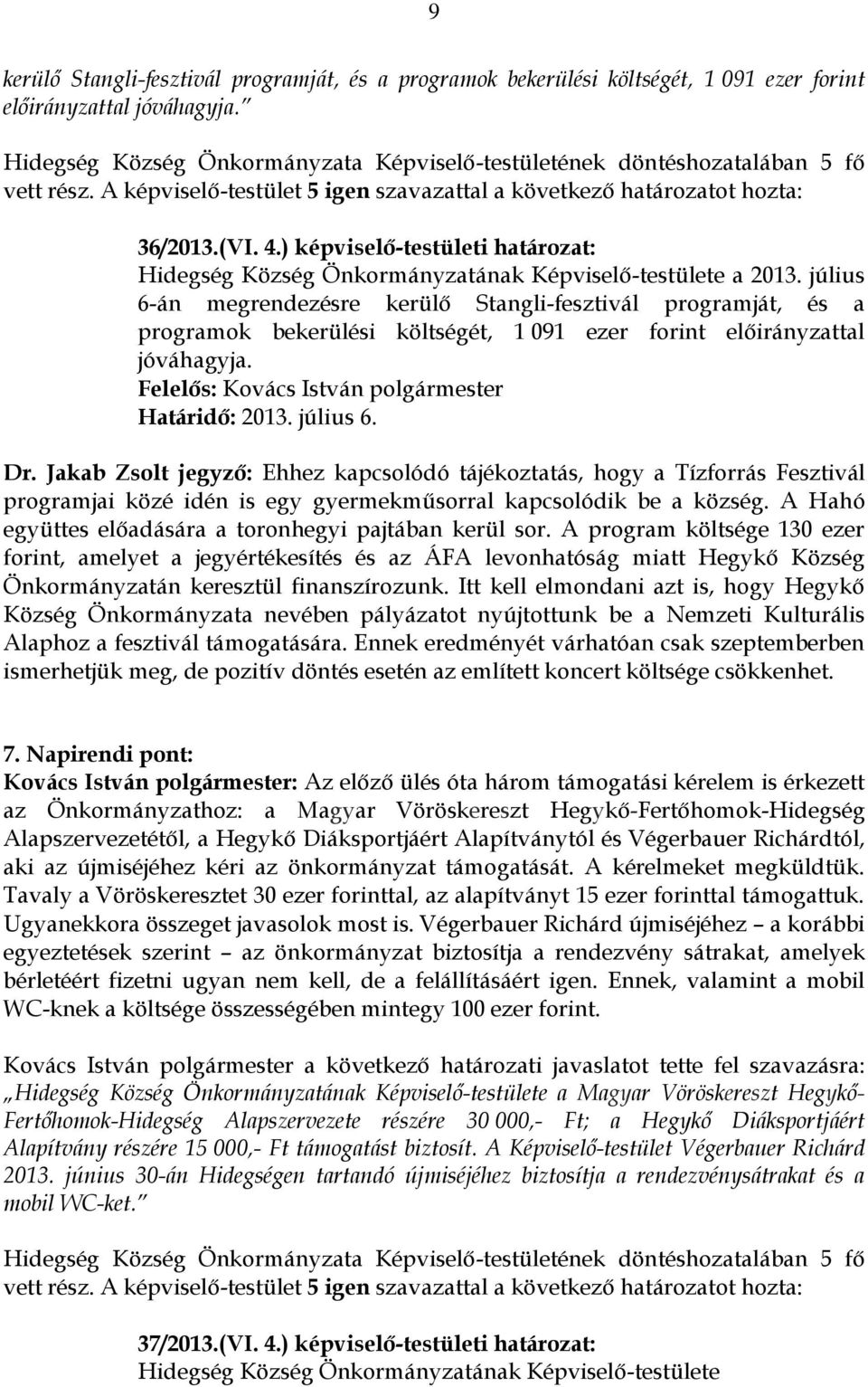 július 6-án megrendezésre kerülő Stangli-fesztivál programját, és a programok bekerülési költségét, 1 091 ezer forint előirányzattal jóváhagyja. Határidő: 2013. július 6. Dr.