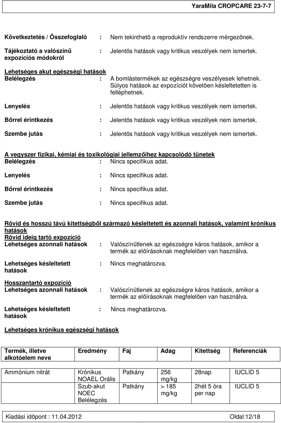 Lenyelés : Jelentős hatások vagy kritikus veszélyek nem ismertek. Bőrrel érintkezés : Jelentős hatások vagy kritikus veszélyek nem ismertek.