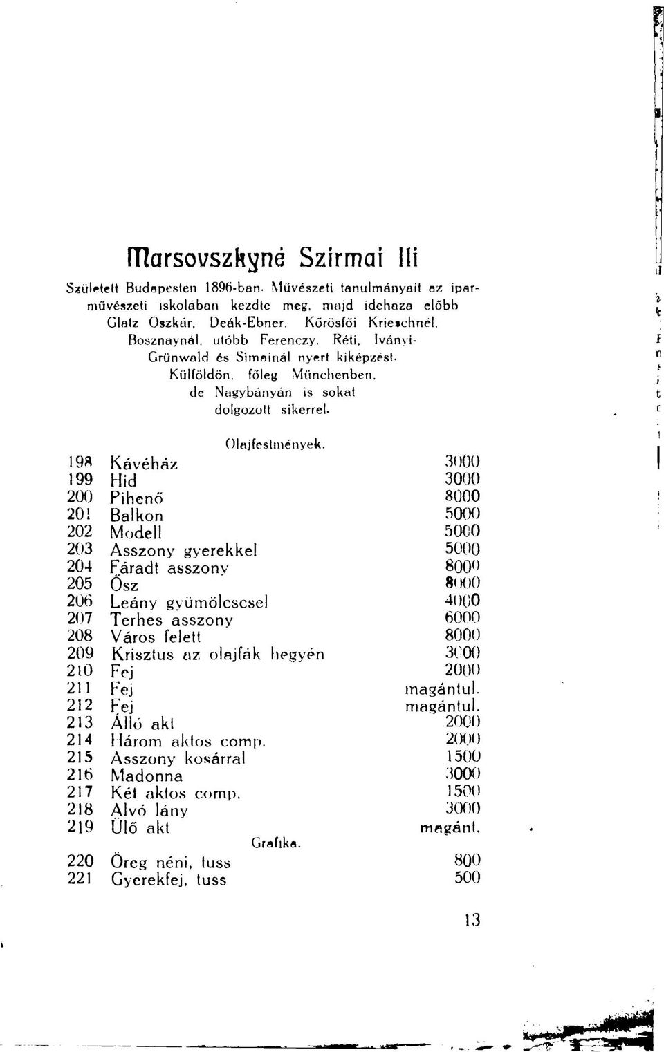 Réti, ivánvi- Grünwald és Simáinál nyert kiképzést. Külföldön, főleg Münchenben, de Nagybányán is sokat dolgozott sikerrel. Olajfestmények. 19a Kávéház 3000 199 Hid 3000 200 Pihenő 8000 20!