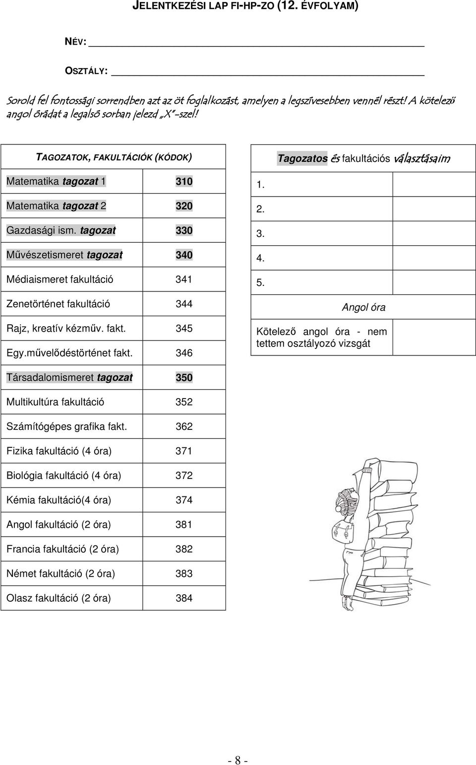 tagozat 330 Művészetismeret tagozat 340 Médiaismeret fakultáció 341 1. 2. 3. 4. 5. Zenetörténet fakultáció 344 Rajz, kreatív kézműv. fakt. 345 Egy.művelődéstörténet fakt.