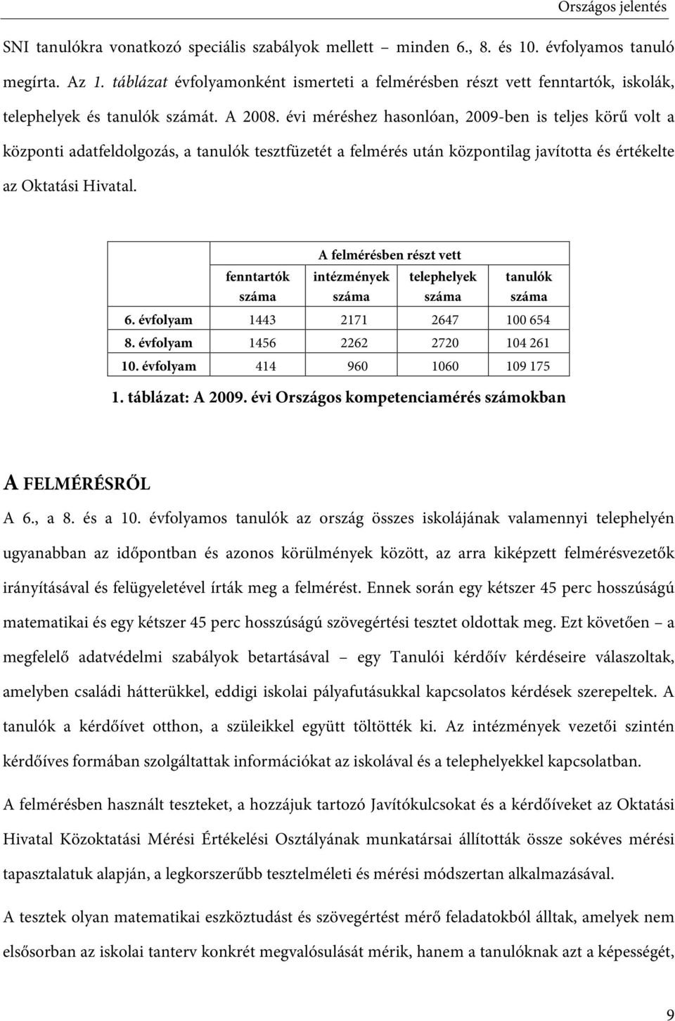 évi méréshez hasonlóan, 2009-ben is teljes körű volt a központi adatfeldolgozás, a tanulók tesztfüzetét a felmérés után központilag javította és értékelte az Oktatási Hivatal.