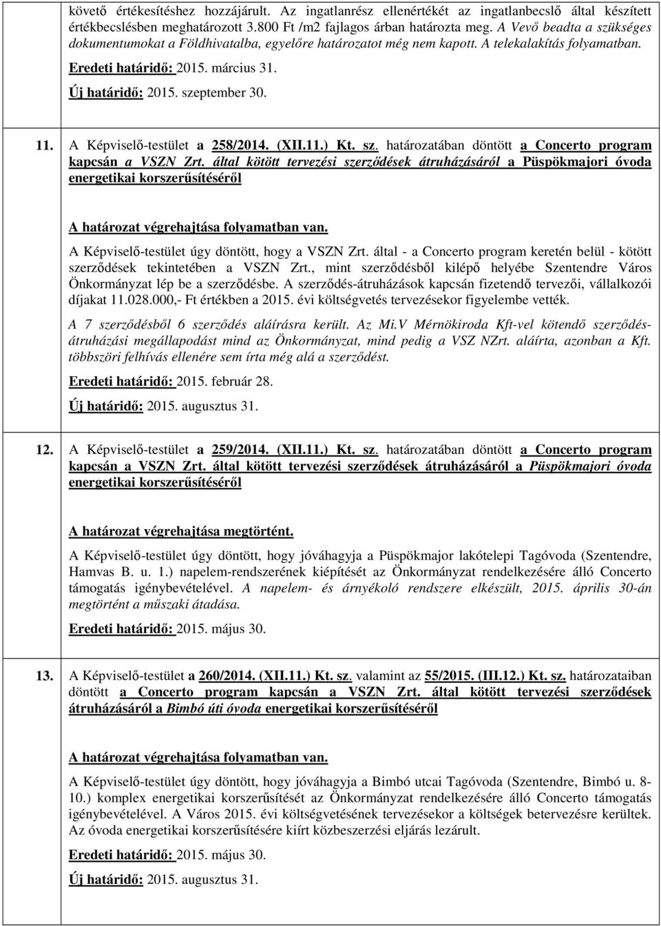 A Képviselő-testület a 258/2014. (XII.11.) Kt. sz. határozatában döntött a Concerto program kapcsán a VSZN Zrt.