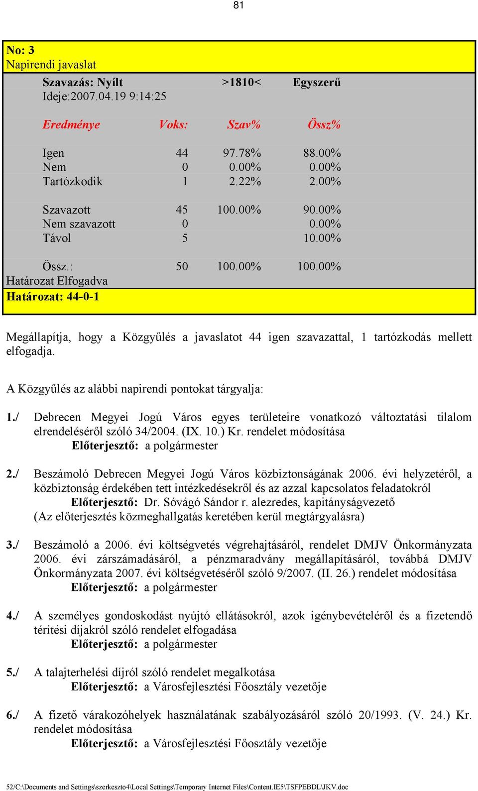 A Közgyűlés az alábbi napirendi pontokat tárgyalja: 1./ Debrecen Megyei Jogú Város egyes területeire vonatkozó változtatási tilalom elrendeléséről szóló 34/2004. (IX. 10.) Kr.