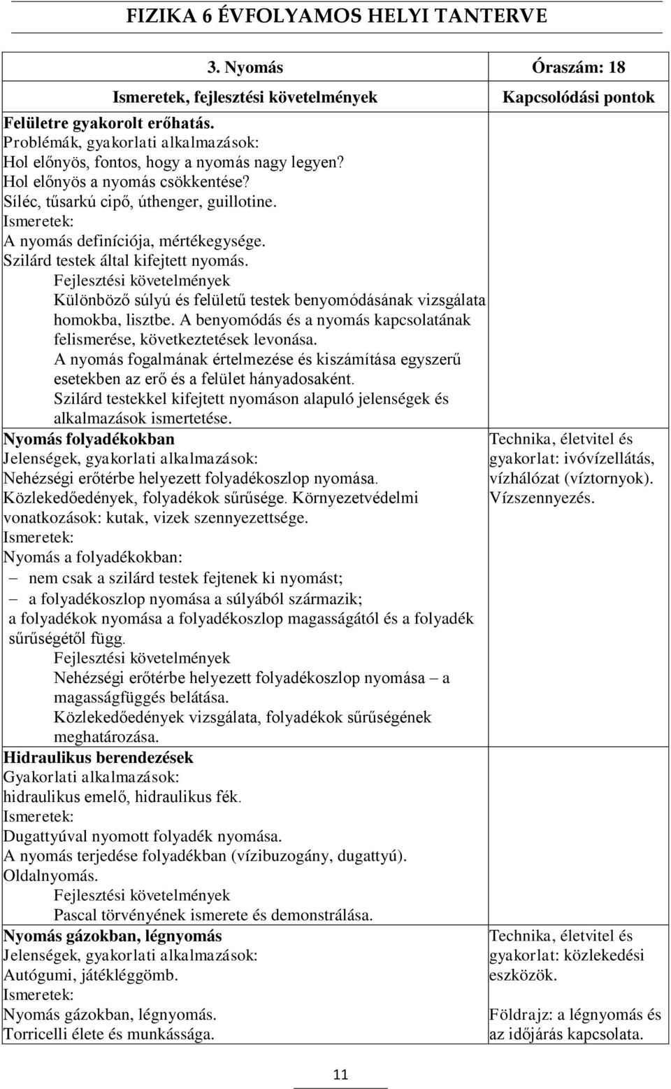 Különböző súlyú és felületű testek benyomódásának vizsgálata homokba, lisztbe. A benyomódás és a nyomás kapcsolatának felismerése, következtetések levonása.