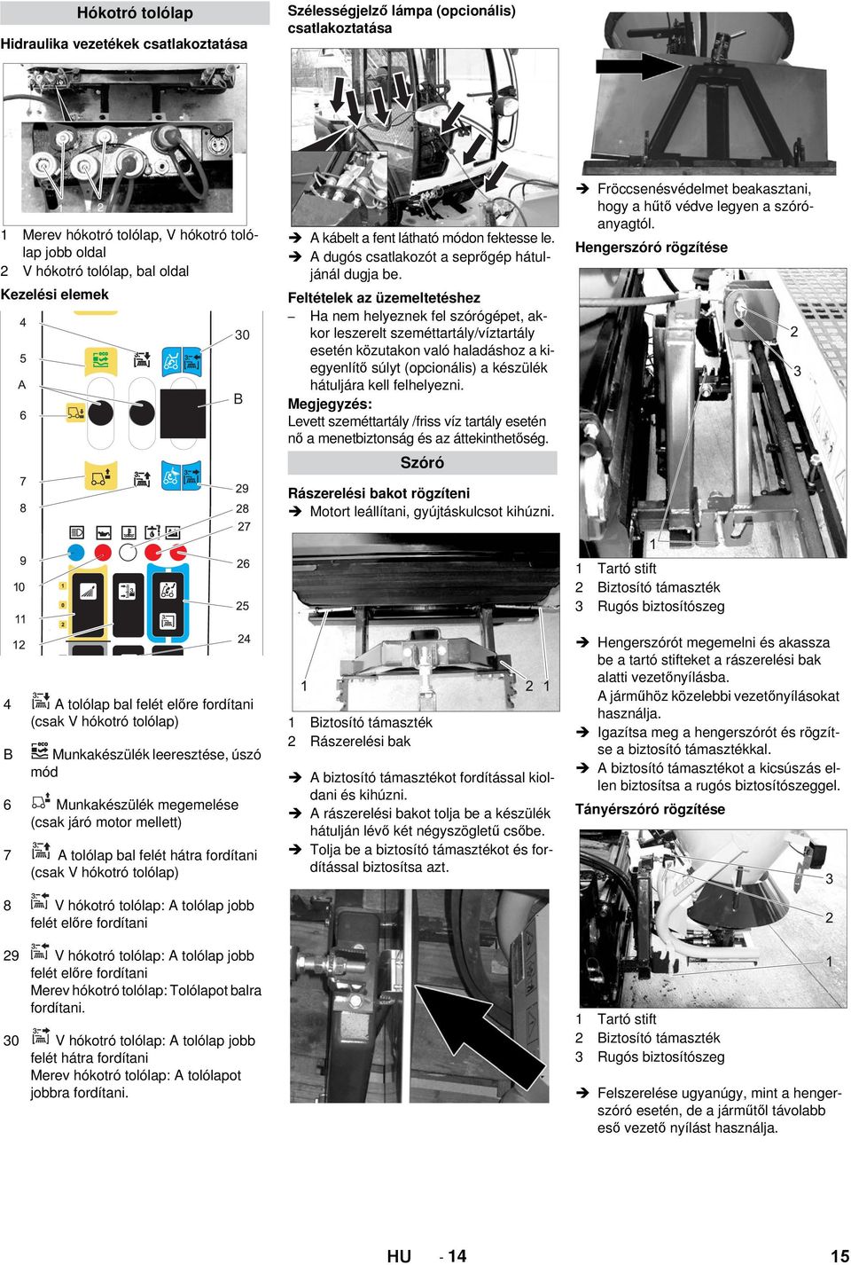 Feltételek az üzemeltetéshez Ha nem helyeznek fel szórógépet, akkor leszerelt szeméttartály/víztartály esetén közutakon való haladáshoz a kiegyenlítő súlyt (opcionális) a készülék hátuljára kell