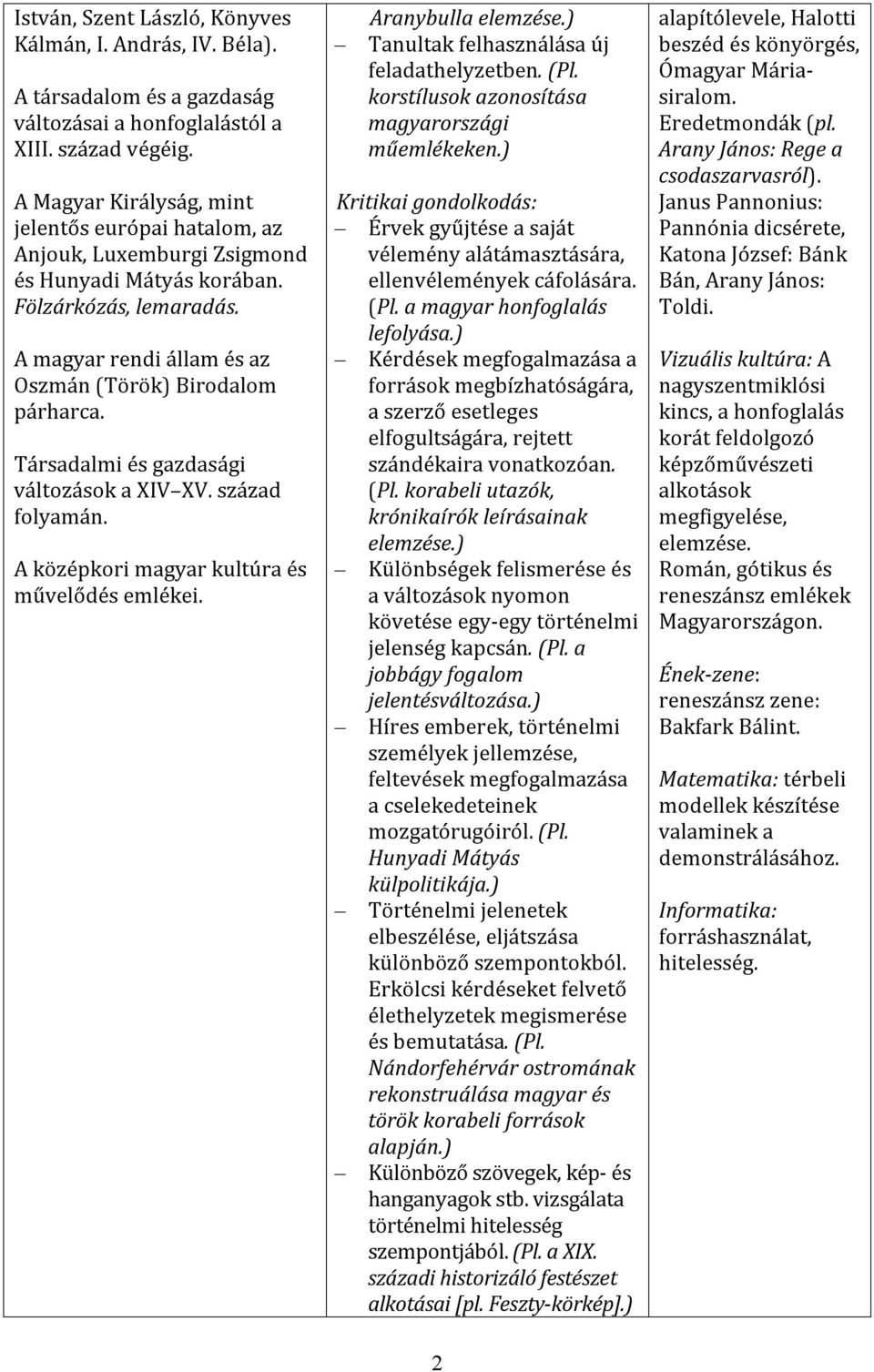 Társadalmi és gazdasági változások a XIV XV. század folyamán. A középkori magyar kultúra és művelődés emlékei. Aranybulla elemzése.) Tanultak felhasználása új feladathelyzetben. (Pl.