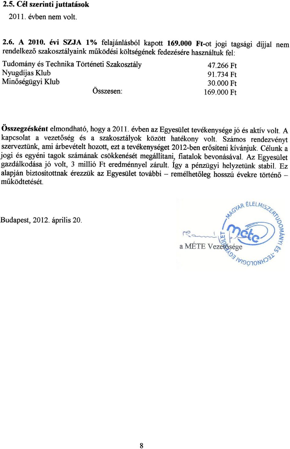 734 Ft Minõségügyi Klub 30.000 Ft Összesen: 169.000 Ft Összegzésként elmondható, hogy a 2011. évben az Egyesületevékenysége jó és aktív volt.