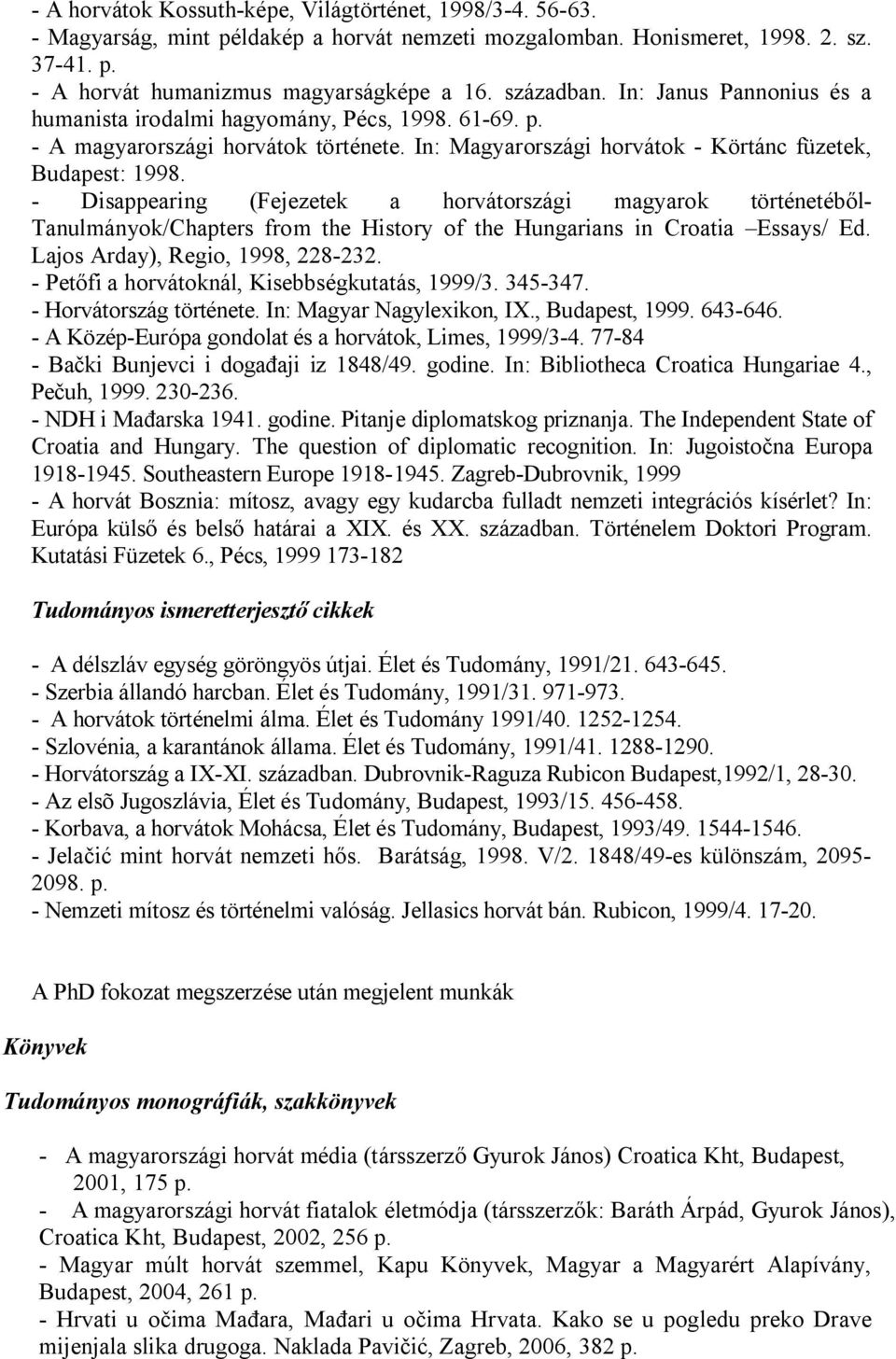 - Disappearing (Fejezetek a horvátországi magyarok történetéből- Tanulmányok/Chapters from the History of the Hungarians in Croatia Essays/ Ed. Lajos Arday), Regio, 1998, 228-232.