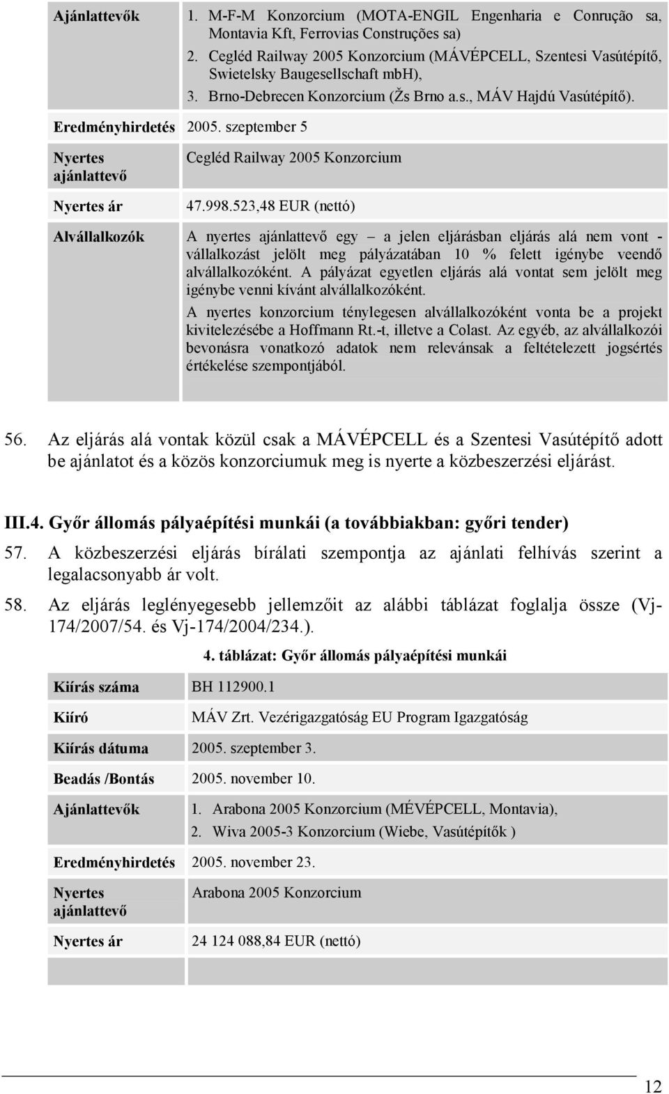 szeptember 5 Nyertes ajánlattevı Nyertes ár Cegléd Railway 2005 Konzorcium 47.998.