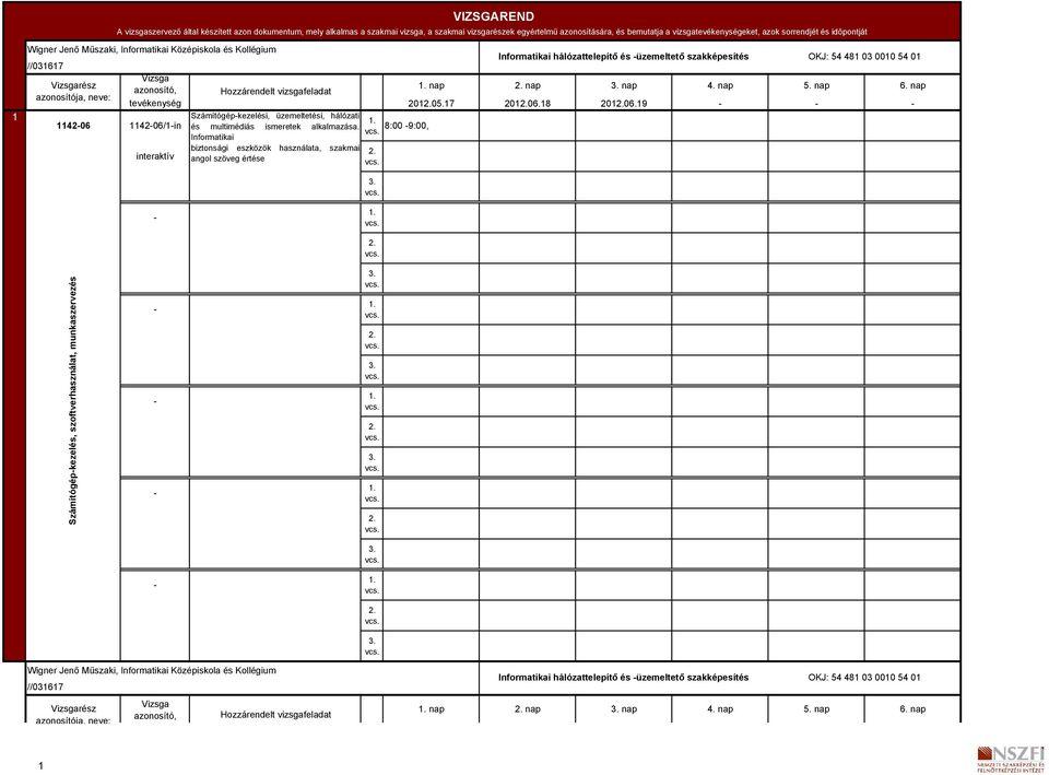 egyértelmű azonosítására, és bemutatja a vizsgatevékenységeket, azok sorrendjét és időpontját Wigner Jenő Műszaki, Informatikai Középiskola és Kollégium Informatikai hálózattelepítő és üzemeltető