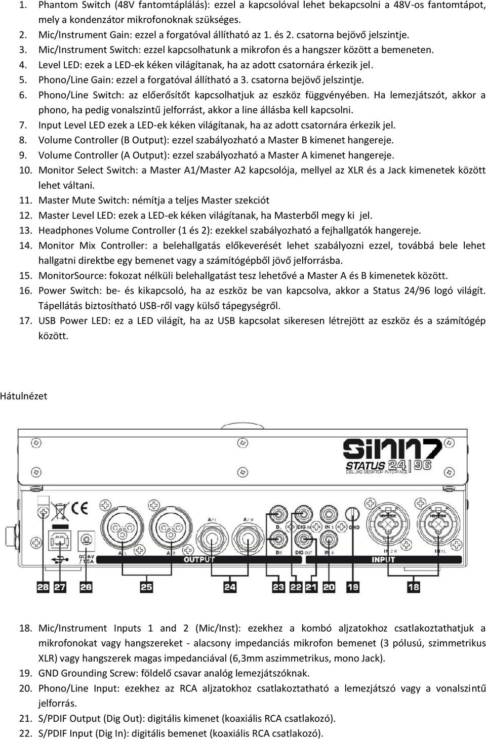 Level LED: ezek a LED-ek kéken világítanak, ha az adott csatornára érkezik jel. 5. Phono/Line Gain: ezzel a forgatóval állítható a 3. csatorna bejövő jelszintje. 6.