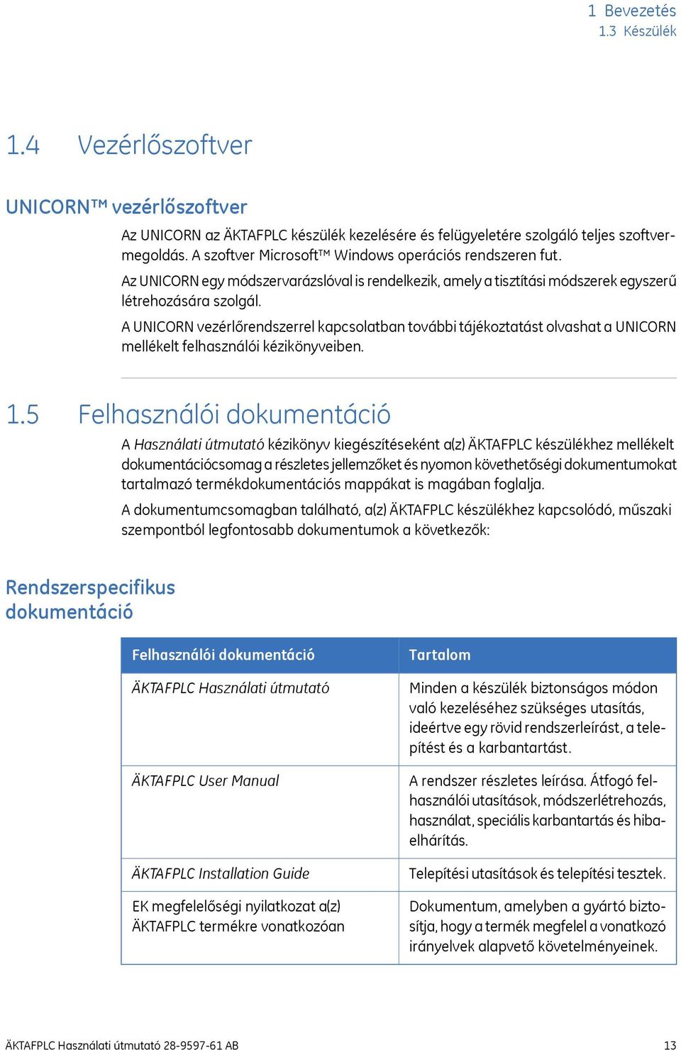A UNICORN vezérlőrendszerrel kapcsolatban további tájékoztatást olvashat a UNICORN mellékelt felhasználói kézikönyveiben. 1.