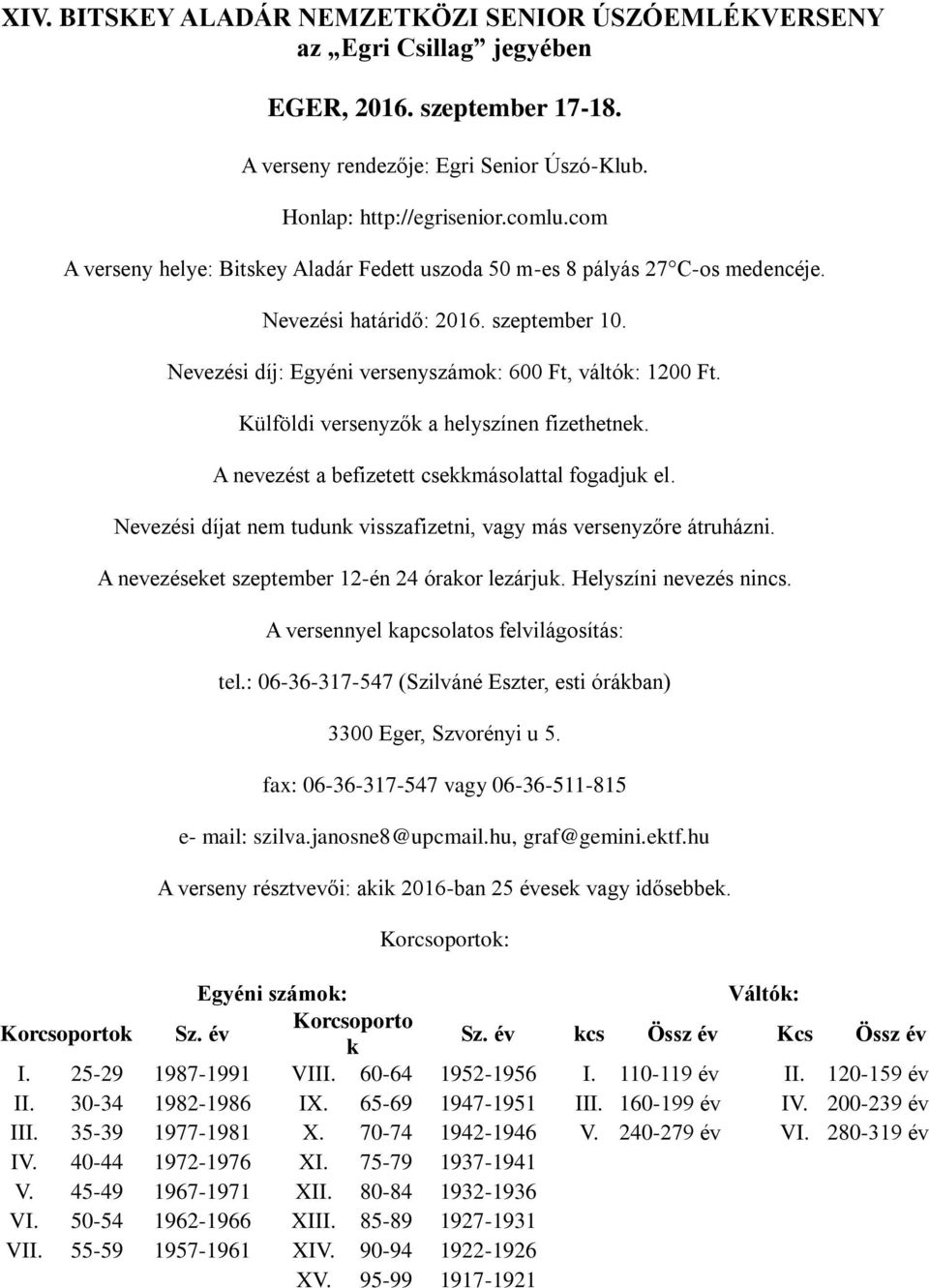 Külföldi versenyzők a helyszínen fizethetnek. A nevezést a befizetett csekkmásolattal fogadjuk el. Nevezési díjat nem tudunk visszafizetni, vagy más versenyzőre átruházni.