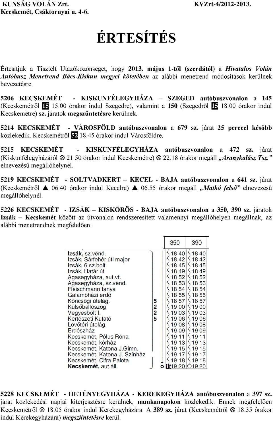 5206 KECSKEMÉT - KISKUNFÉLEGYHÁZA SZEGED autóbuszvonalon a 145 (Kecskemétről 15 15.00 órakor indul Szegedre), valamint a 150 (Szegedről 15 18.00 órakor indul Kecskemétre) sz.