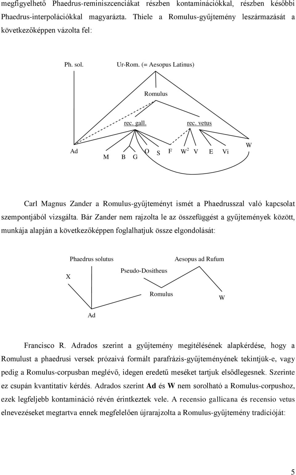Bár Zander nem rajzolta le az összefüggést a gyűjtemények között, munkája alapján a következőképpen foglalhatjuk össze elgondolását: X Phaedrus solutus Pseudo-Dositheus Aesopus ad Rufum Romulus W Ad