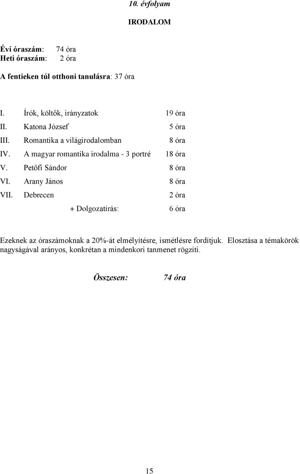 A magyar romantika irodalma - 3 portré 18 óra V. Petőfi Sándor 8 óra VI. Arany János 8 óra VII.