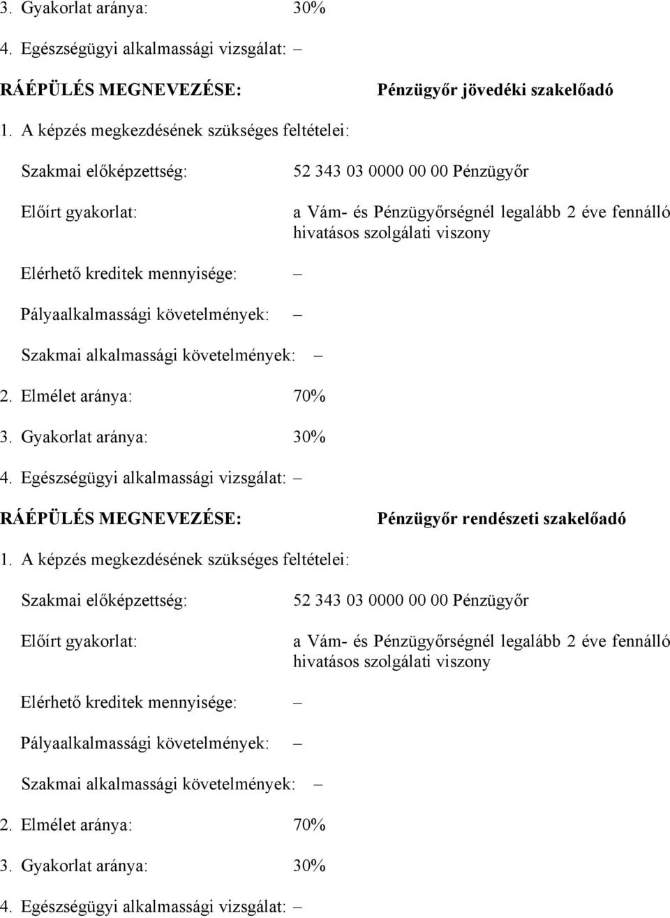 Elérhető kreditek mennyisége: Pályaalkalmassági követelmények: Szakmai alkalmassági követelmények: 2. Elmélet aránya: 70% 3. Gyakorlat aránya: 30% 4.